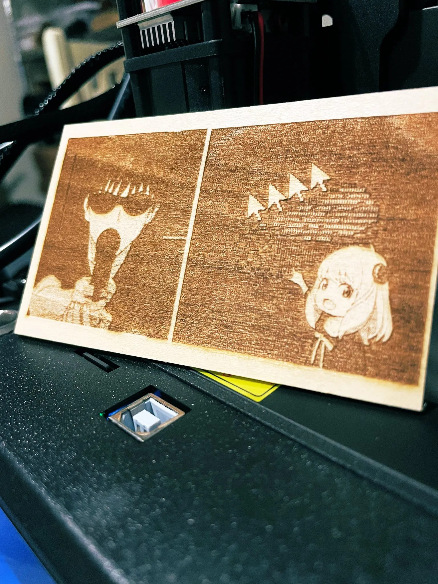 Early engraving attempt on balsa wood with poor contrast