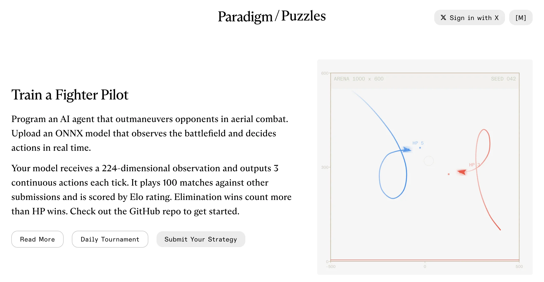 Paradigm's Dogfight website introducing the fighter pilot challenge beside an illustrated arena