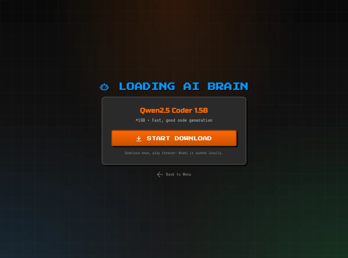 Model download screen showing Qwen2.5 Coder 1.5B loading